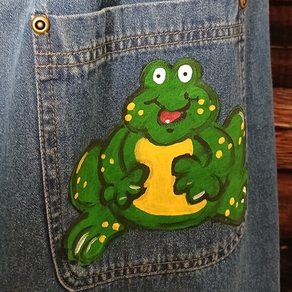 Haiks Maxi Denim Jumper Dress Size L Vintage Hand Painted Frogs & Flowers Slits - Picture 7 of 9